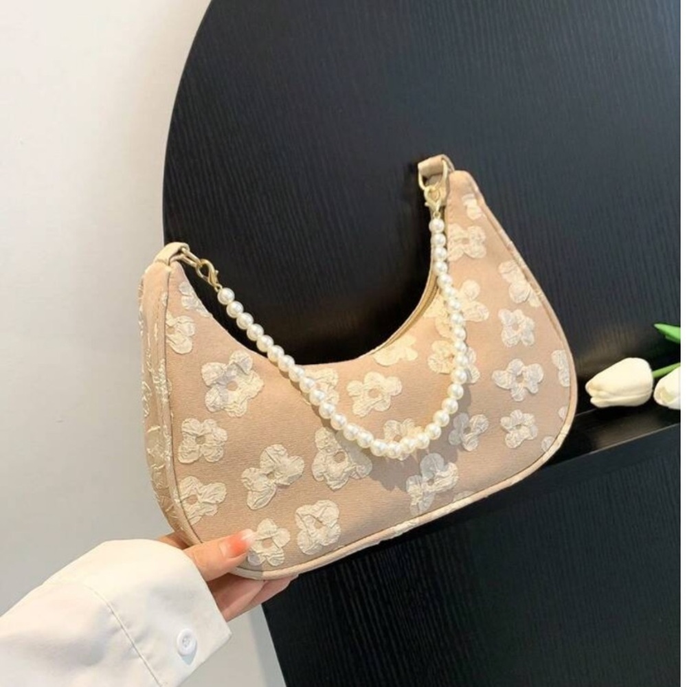 Floral Tan & Cream Floral Print Shoulder Bag with Pearl Chain Strap | NWT | - Picture 2 of 11